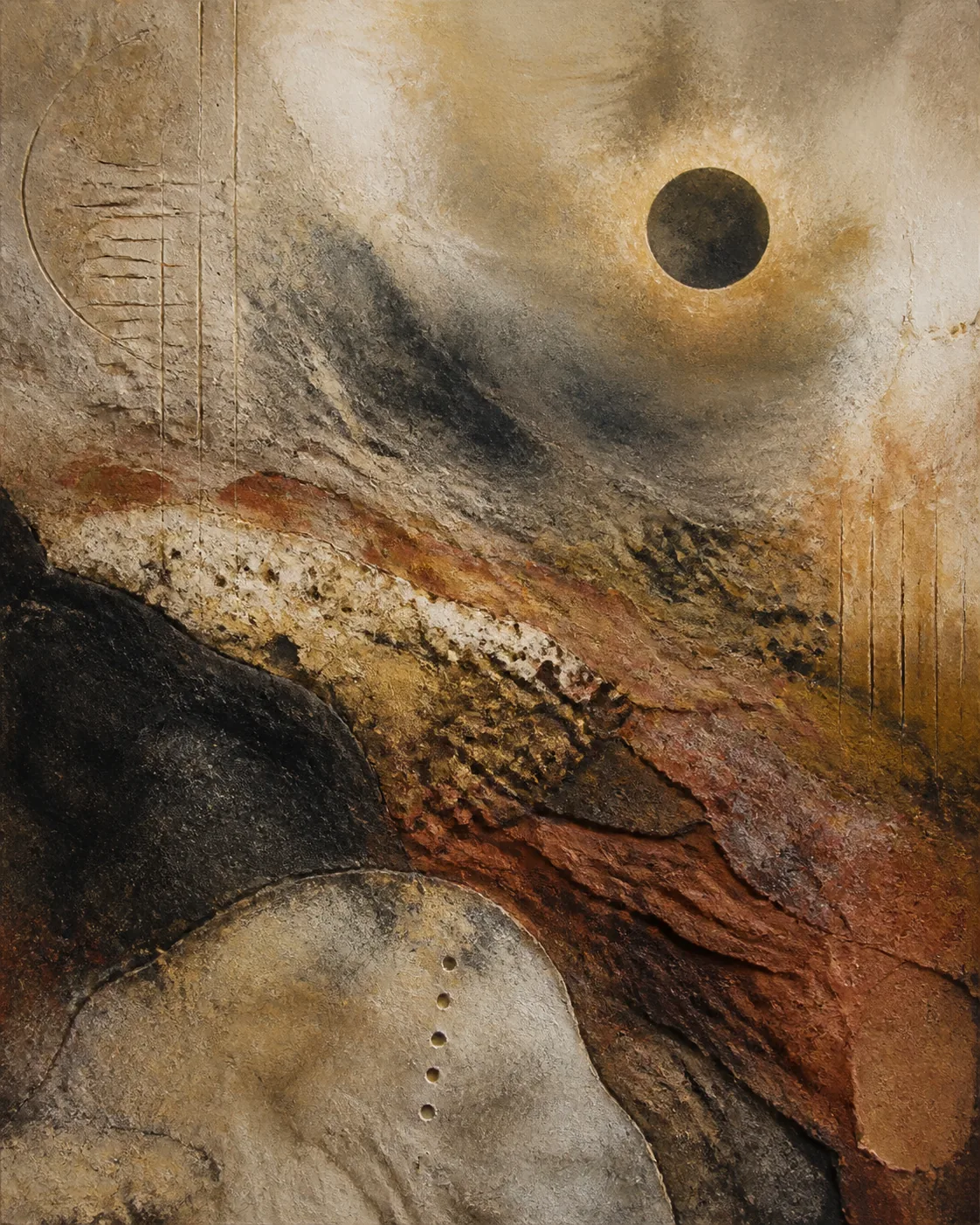 Abstract artwork in earth pigments, charcoal, and ochre evoking geological strata and an eclipse
